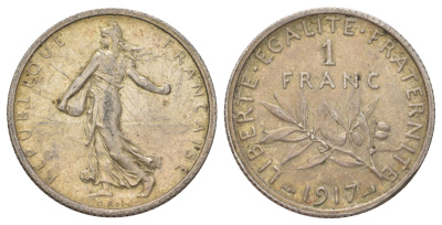 Франция 1 франк 1917 KM 844 серебро 4622-1115
