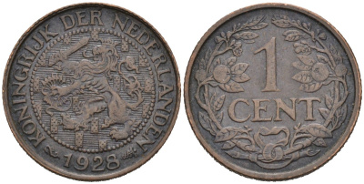Нидерланды 1 цент 1928 Вильгельмина (1890-1948) KM 152 бронза 4576-738