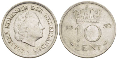 НИДЕРЛАНДЫ 10 ЦЕНТОВ 1959 ЮЛИАНА KM 182 никель 66-819