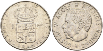 Швеция 1 крона 1957 TS, Густав VI Адольф (1950-1973) KM 826 серебро 4148-1156