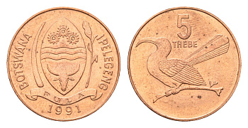 Ботсвана 5 тхебе 1991 Дамарская красноклювая птица-носорог KM 4a сталь плакированная медью UNC 4674-1264