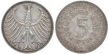 ФРГ 5 марок 1951 F, KM 112.1, J.387 серебро 4178-843