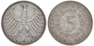 ФРГ 5 марок 1951 F, KM 112.1, J.387 серебро 4178-843