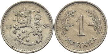 ФИНЛЯНДИЯ 1 МАРКА 1938 S KM 30 медно-никель 28-144