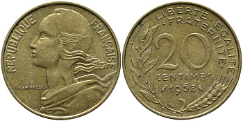 ФРАНЦИЯ 20 САНТИМОВ 1968 ТИП MARIANNE KM 930, LE FRANC 156.8 алюминиевая бронза 98-327