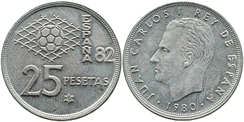 Испания 25 песет 1980 (82) чемпионат мира по футболу в Испании 1982 года, Хуан Карлос I (1975-) KM 818 медно-никель 4393-245