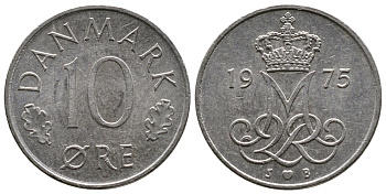 ДАНИЯ 10 ЭРЕ 1975 S; B, МАРГРЕТЕ II (1972-) KM 860.1 медно-никель 26-935