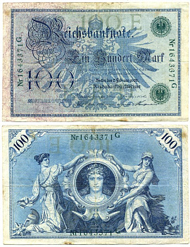 ГЕРМАНИЯ 100 МАРОК 1908 7 ФЕВРАЛЯ 1908, ЗЕЛЕНАЯ ПЕЧАТЬ, РЕПРИНТ (1918-1922) Pick 34 бумага 7523-27-2