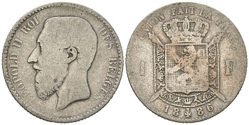 Бельгия 1 франк 1886 DES BELGES, Леопольд II (1865-1909) KM 28 серебро 4543-1143