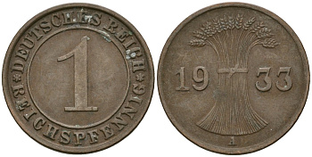 Германия 1 рейхспфенниг 1933 A KM 37, J. 313 бронза 4189-1161