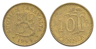 Финляндия 10 пенни 1964 KM 46 алюминиевая бронза 4647-326