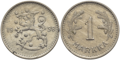ФИНЛЯНДИЯ 1 МАРКА 1938 S KM 30 медно-никель 28-144