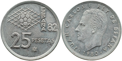 Испания 25 песет 1980 (82) чемпионат мира по футболу в Испании 1982 года, Хуан Карлос I (1975-) KM 818 медно-никель 4393-245