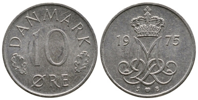 ДАНИЯ 10 ЭРЕ 1975 S; B, МАРГРЕТЕ II (1972-) KM 860.1 медно-никель 26-935