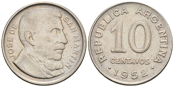 Аргентина 10 сентаво 1952 генерал Хосе де Сан Мартин KM 47, Schon 50 медно-никель    4609-1152