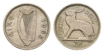 Ирландия 3 пенса 1965 заяц KM 12a медно-никель 4687-929