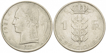 БЕЛЬГИЯ 1 ФРАНК 1952 BELGIQUE KM 142.1 медно-никель 3309-641