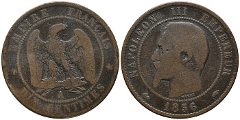 ФРАНЦИЯ 10 САНТИМОВ 1856 А, НАПОЛЕОН III (1852-1870) KM 771.1, LA FRANC 133.32 бронза 32-1016