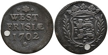 НИДЕРЛАНДЫ, ЗАПАДНАЯ ФРИЗИЯ 1 ДУИТ 1702 С ОТВЕРСТИЕМ KM 100 медь 34-844