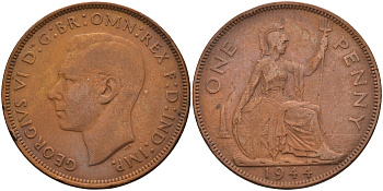 Великобритания 1 пенни 1944 Георг VI (1936-1952) KM 845, Spink 4114 бронза 4593-231