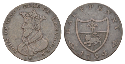 Великобритания, Ланкашир, Ланкастер 1/2 пенни 1794 Джон Гонт Dalton & Hamer 43 медь 1528-1115