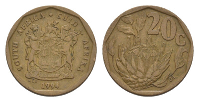 ЮАР 20 центов 1994 герб, цветок протея KM 136 сталь плакированная бронзой 4380-1012