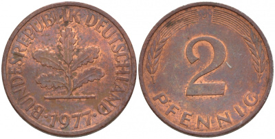 ФРГ 2 пфеннига 1977 J KM 106а, J.381а сталь плакированная медью 4547-1152
