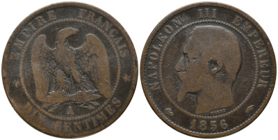 ФРАНЦИЯ 10 САНТИМОВ 1856 А, НАПОЛЕОН III (1852-1870) KM 771.1, LA FRANC 133.32 бронза 32-1016