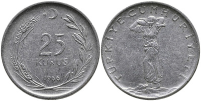 Турция 25 курушей 1966 KM 892.2 нержавеющая сталь 4541-553