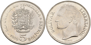 Венесуэла 5 боливарОВ 1989 KM 59.а2 сталь плакированная никелем 189-832