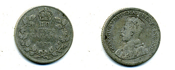 КАНАДА 10 ЦЕНТОВ 1929 ГЕОРГ V KM 23a серебро 46-1138