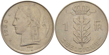 БЕЛЬГИЯ 1 ФРАНК 1950 BELGIQUE, БОДУЭН I (1951-1993) KM 142.1 медно-никель 202-942