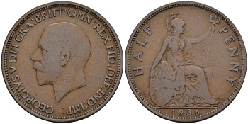 Великобритания 1/2 пенни 1936 Георг V (1910 - 1936) KM 837, Spink 4058 бронза 4153-816