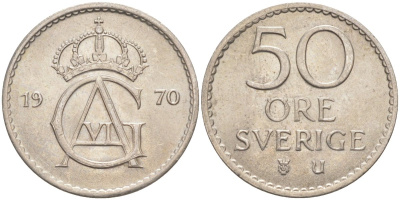 Швеция 50 эре 1970 U, Густав VI Адольф(1950-1973) KM 837 медно-никель 219-942