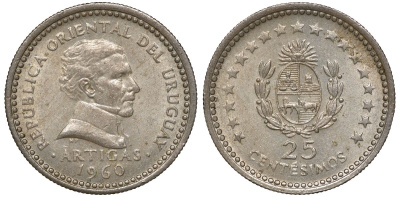Уругвай 25 сентесимо 1960 KM 40 медно-никель 4169-949