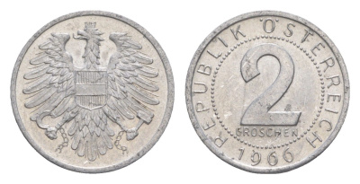 Австрия 2 гроша 1966 KM 2876 алюминий aUNC 4564-722