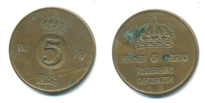 Швеция 5 эре 1957 T;S, Густав VI Адольф (1950-1973) KM 822 бронза 23-112