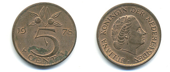 НИДЕРЛАНДЫ 5 ЦЕНТОВ 1978 ЮЛИАНА KM 181 бронза 83-1011