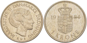 Дания 1 крона 1984 R; B, Маргрете II (1972-) KM 862.3 медно-никель 4388-1251