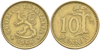 Финляндия 10 пенни 1966 S KM 46 алюминиевая бронза 4567-328