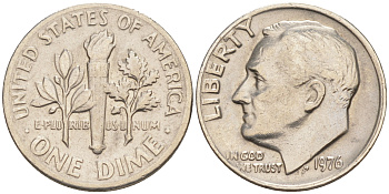 США 10 ЦЕНТОВ = 1 ДАЙМ 1976 РУЗВЕЛЬТ KM 195a медь плакированная медно-никелем 188-429