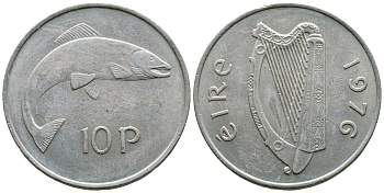 ИРЛАНДИЯ 10 ПЕНСОВ 1976 ЛОСОСЬ KM 23 медно-никель 4110-1013