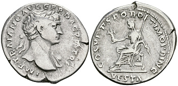 Римская Империя денарий 103 - 111 Траян COS V PP SPQR OPTIMO PRINC VESTA Веста, держащая палладиум Рим Very fine RIC 107 серебро 1073-4-1-6