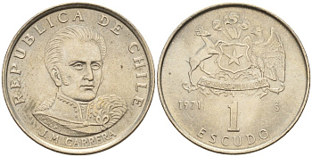 Чили 1 эскудо 1971 Хосе Мигель Каррера KM 197 медно-никель 4596-516