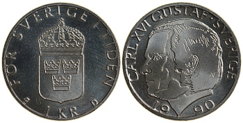 Швеция 1 крона 1990 Карл XVI Густав (1973- ) KM 852a медно-никель UNC 4179-1233
