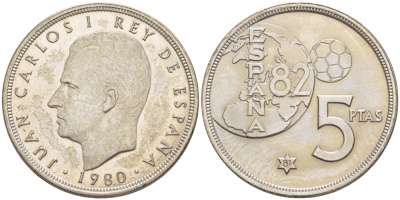 Испания 5 песет 1980 (81) чемпионат мира по футболу в Испании 1982 года, Хуан Карлос I ( 1975-) KM 817 медно-никель UNC 216-443