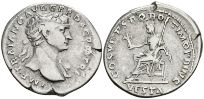 Римская Империя денарий 103 - 111 Траян COS V PP SPQR OPTIMO PRINC VESTA Веста, держащая палладиум Рим Very fine RIC 107 серебро 1073-4-1-6