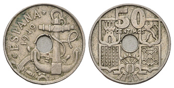 Испания 50 сентимо 1949 (62) Франсиско Франко (1939-1975) KM 777 медно-никель 4682-123
