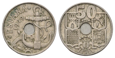 Испания 50 сентимо 1949 (62) Франсиско Франко (1939-1975) KM 777 медно-никель 4682-123