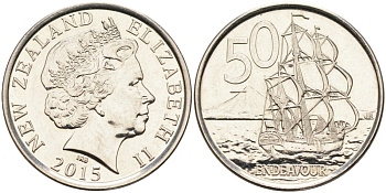 Новая Зеландия 50 центов 2015 Елизавета II (1952-2022), парусник Индевор KM 119а никелированная сталь 4579-1113